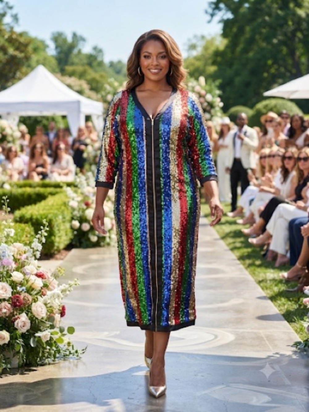 Ashley Stewart Rainbow Sequin Stripe Midi Dress